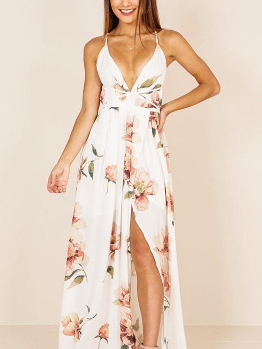 Showpo White Watercolor Floral Halter Neck Slit Backless Maxi Dress